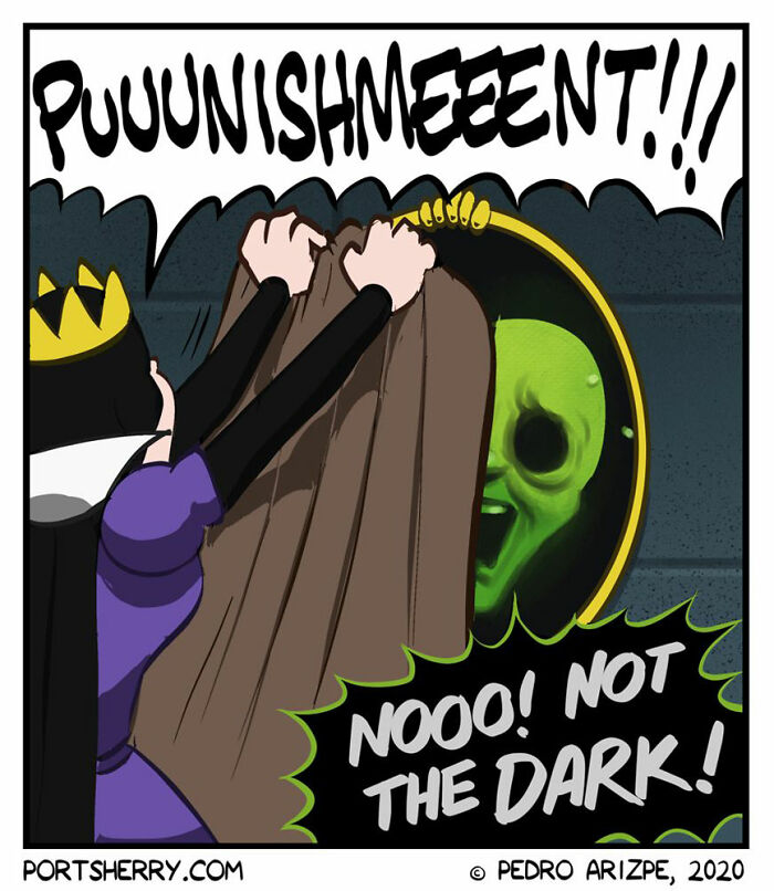 Comic scene with a king asking a magic mirror, featuring Port Sherry comics blending everyday moments and absurd twists.