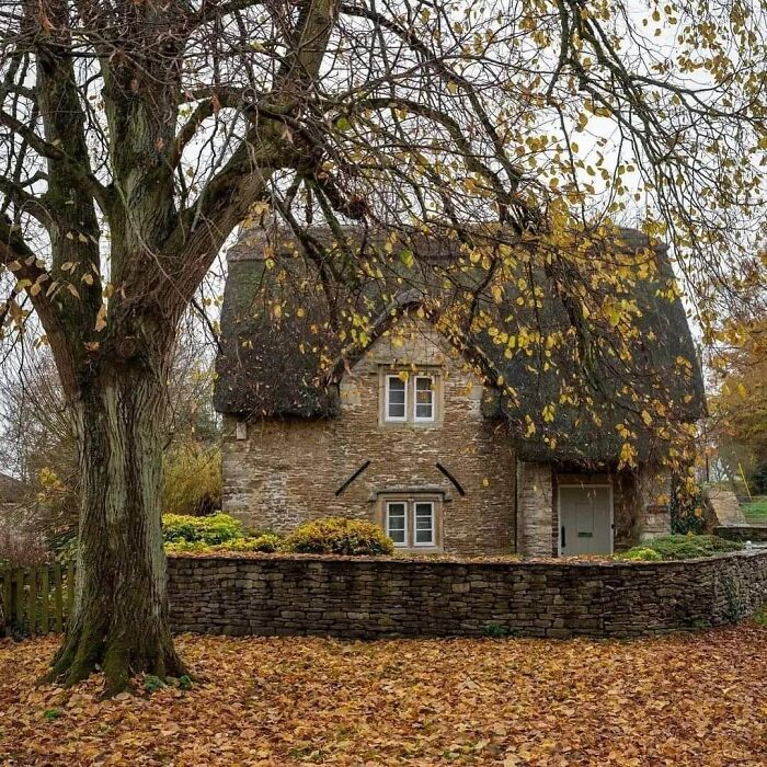 Cozy stone cottage with thatched roof surrounded by autumn trees and garden, showcasing dream cottages and gardens charm.