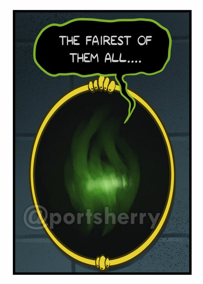 Comic scene with a king asking a magic mirror, featuring Port Sherry comics blending everyday moments and absurd twists.