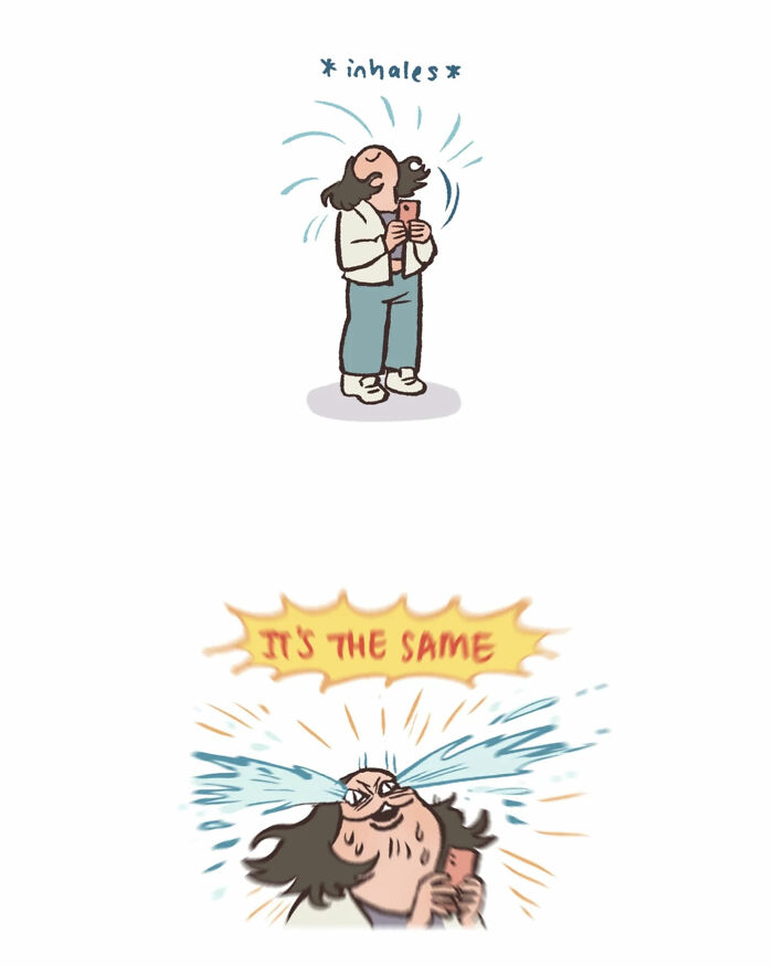 Malaysian artist draws a tall, geeky husband taking photos, capturing relatable moments in their daily life.