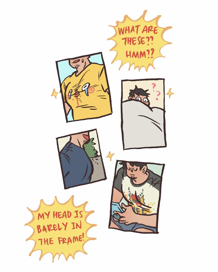 Malaysian artist draws a tall, geeky husband taking photos, capturing relatable moments in their daily life.