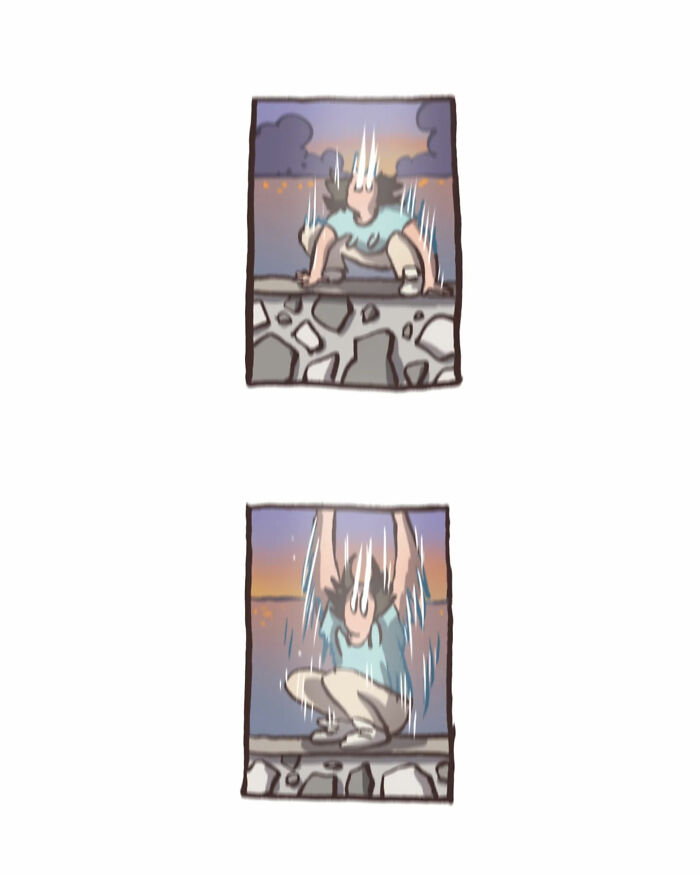 Malaysian artist draws a tall, geeky husband taking photos, capturing relatable moments in their daily life.