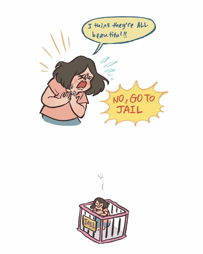 Malaysian artist draws a tall, geeky husband taking photos, capturing relatable moments in their daily life.