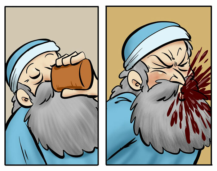 Port Sherry comic panel showing a worried man pouring from an empty wine jug with a nervous woman nearby.