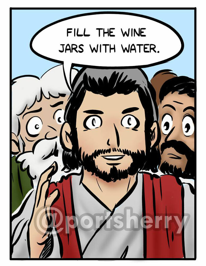 Port Sherry comic panel showing a worried man pouring from an empty wine jug with a nervous woman nearby.