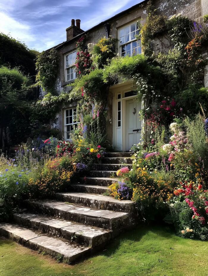 Stone cottage entrance surrounded by lush dream cottages and gardens full of colorful blooming flowers.