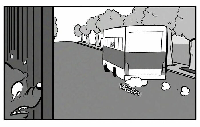 Black and white Port Sherry comic panels showing a dog whining and crying behind bars, blending everyday moments with absurd twists.