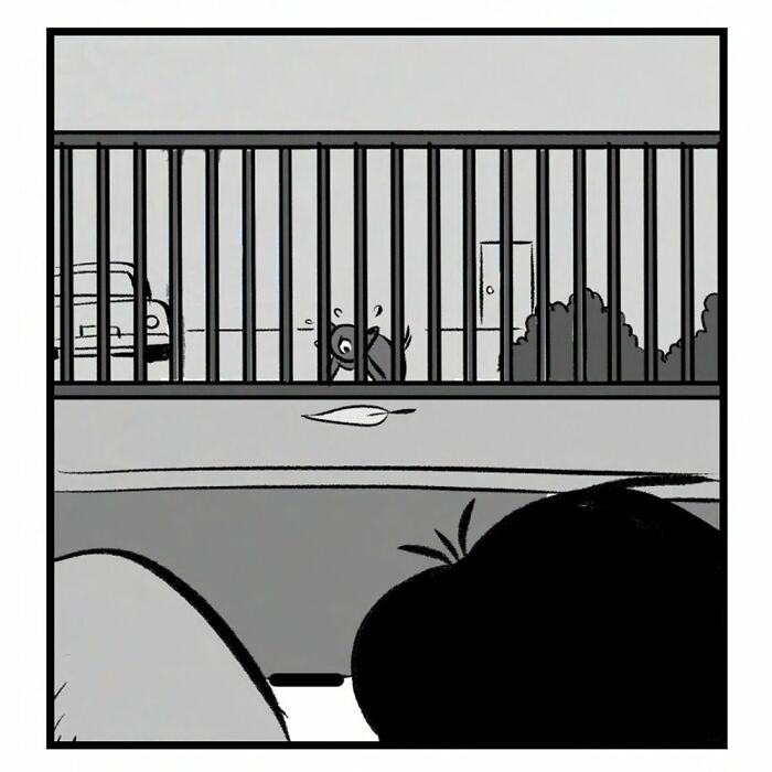 Black and white Port Sherry comic panels showing a dog whining and crying behind bars, blending everyday moments with absurd twists.