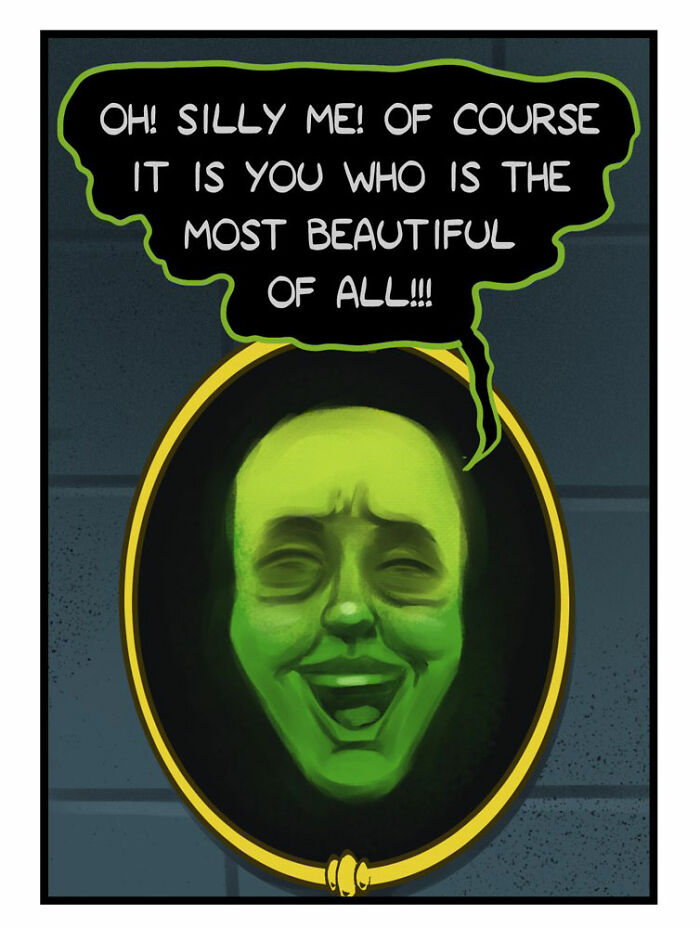 Comic scene with a king asking a magic mirror, featuring Port Sherry comics blending everyday moments and absurd twists.