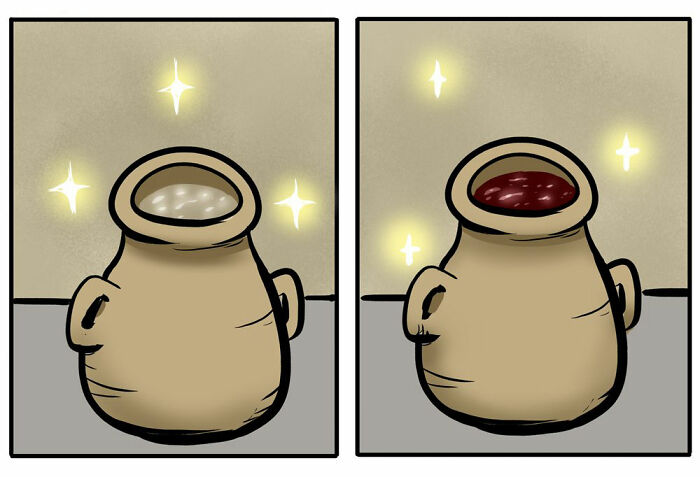 Port Sherry comic panel showing a worried man pouring from an empty wine jug with a nervous woman nearby.