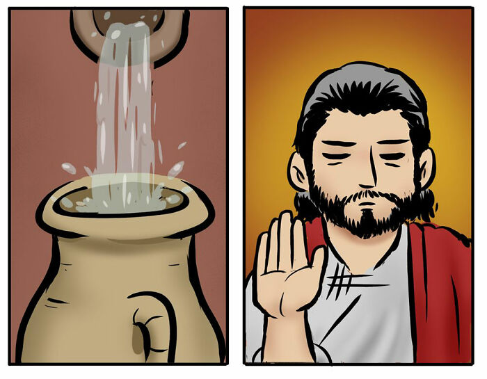 Port Sherry comic panel showing a worried man pouring from an empty wine jug with a nervous woman nearby.