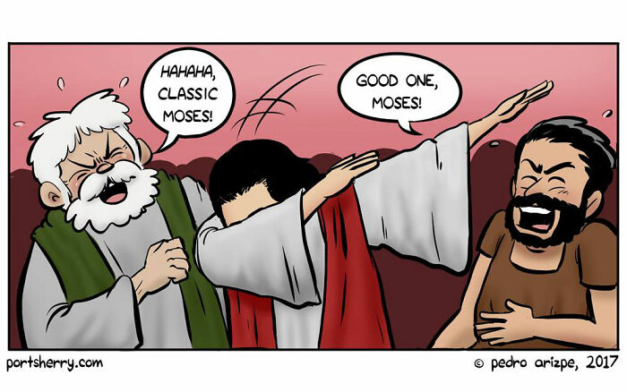 Port Sherry comic panel showing a worried man pouring from an empty wine jug with a nervous woman nearby.