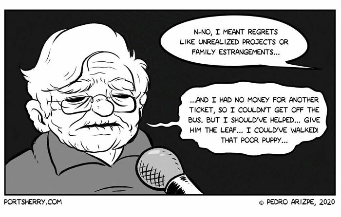 Black and white Port Sherry comic panels showing a dog whining and crying behind bars, blending everyday moments with absurd twists.