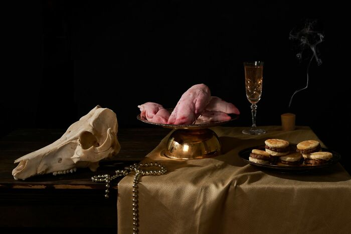 Still life featuring a chicken, fried chicken sandwich, raw poultry, garlic, grapes, and a lit candle in dark setting.
