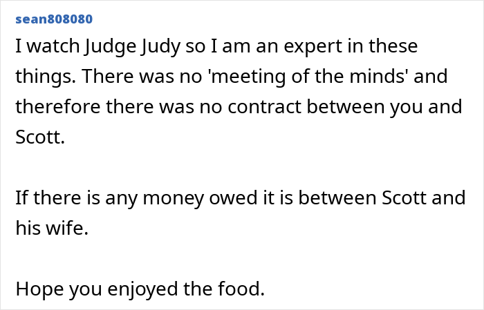 Comment discussing coworker realization of scam involving superior's wife's show and payment dispute. Comment discussing coworker realization of scam involving superior's wife's show and payment dispute.