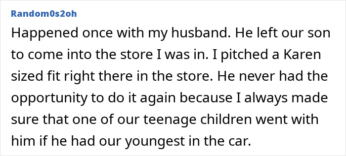 Comment screenshot discussing a father leaving a child unattended in a car, referencing child safety and supervision risks. Comment screenshot discussing a father leaving a child unattended in a car, referencing child safety and supervision risks.