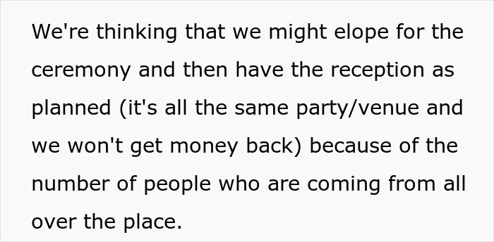 Couple discussing eloping after discovering their wedding was sabotaged by parents just days before the ceremony.
