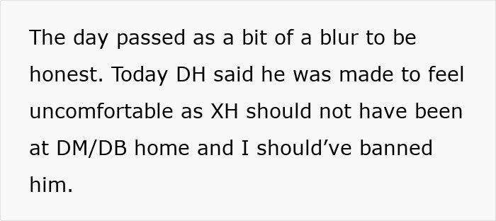Text excerpt discussing discomfort involving a funeral situation with mother, partner, and ex-husband dynamics. Text excerpt discussing discomfort involving a funeral situation with mother, partner, and ex-husband dynamics.