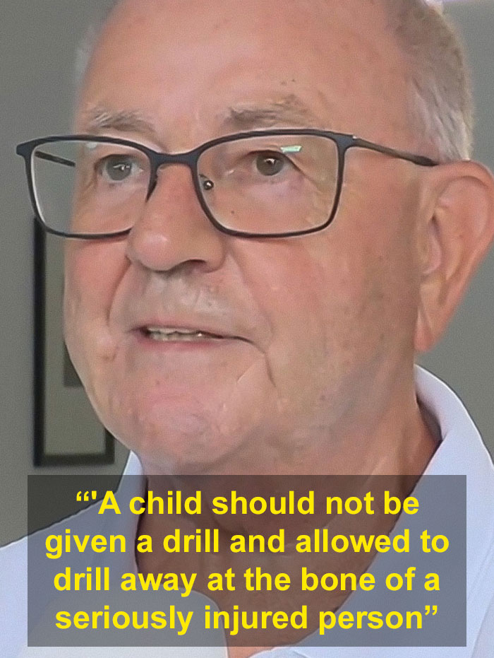 Elderly man wearing glasses speaking about brain surgeon arrest and alleged skull drilling incident involving child. Elderly man wearing glasses speaking about brain surgeon arrest and alleged skull drilling incident involving child.