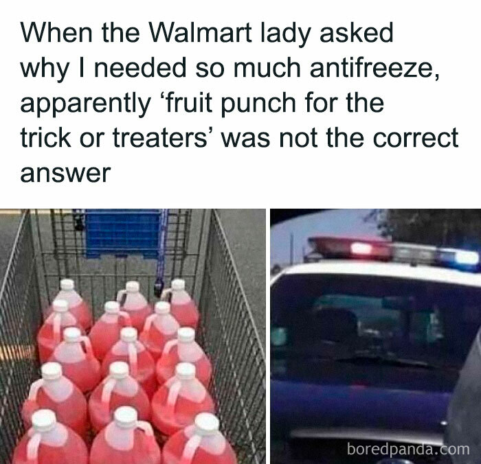 Shopping cart filled with antifreeze containers and a police car, illustrating a funny People of Walmart moment. Shopping cart filled with antifreeze containers and a police car, illustrating a funny People of Walmart moment.