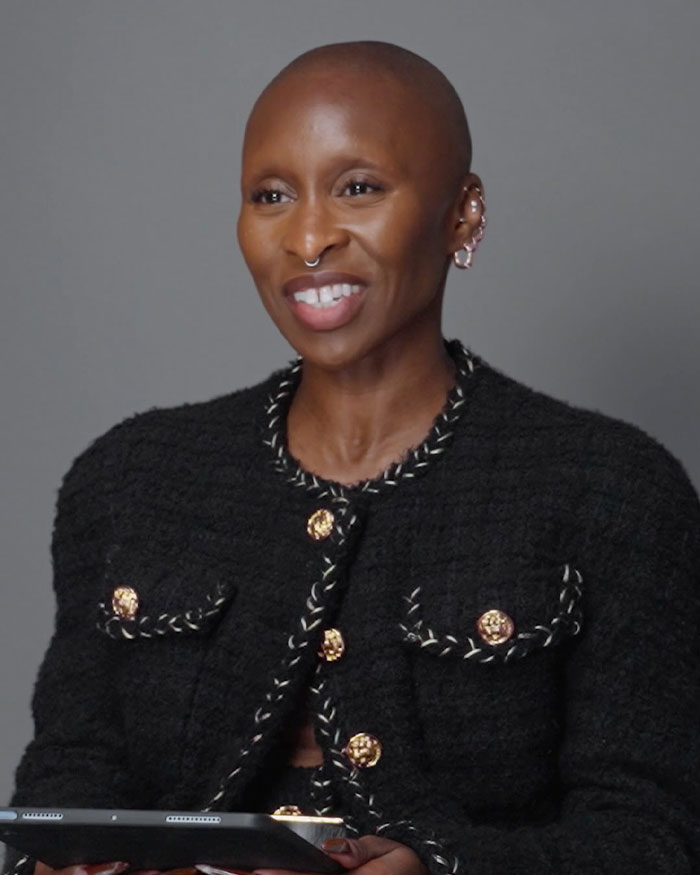 Cynthia Erivo wearing a black textured jacket and smiling during a discussion about the controversial Harper’s Bazaar shoot. Cynthia Erivo wearing a black textured jacket and smiling during a discussion about the controversial Harper’s Bazaar shoot.