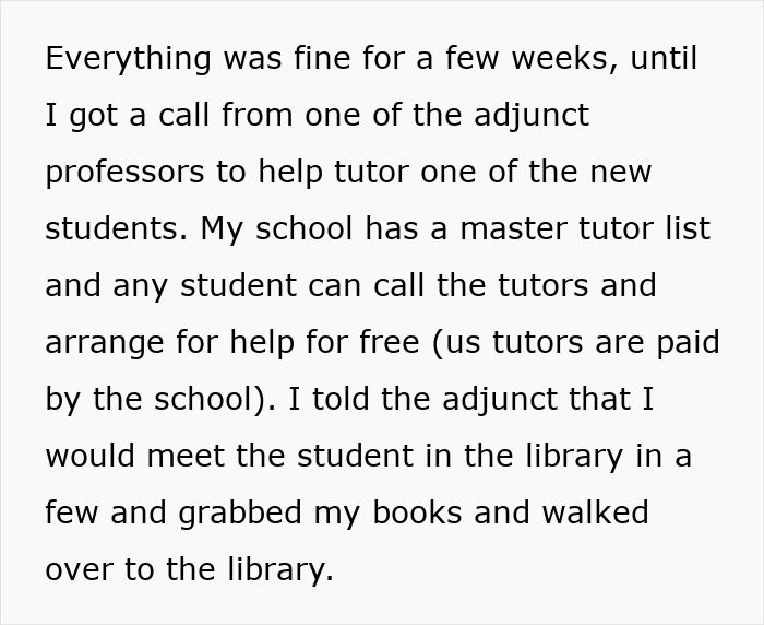 Text excerpt discussing tutoring a new student and arranging help through the school’s master tutor list for parents-lied-food-allergies-daughter-no-contact.