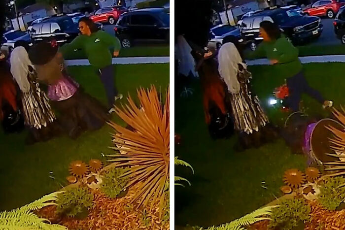 Unhinged woman caught attacking neighbor's Halloween witches twice in bizarre viral footage on suburban lawn at dusk.