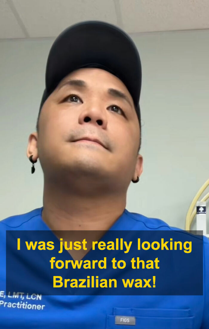 Man in blue uniform reacting during aesthetician's viral interaction about a booking lie and Brazilian wax appointment. Man in blue uniform reacting during aesthetician's viral interaction about a booking lie and Brazilian wax appointment.