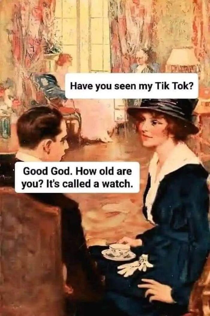 Classical painting meme showing a woman asking about TikTok and a man replying it's called a watch in a vintage setting.