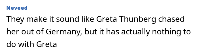 Comment text saying Greta Thunberg was not the reason a German activist known as Anti-Greta left Germany.