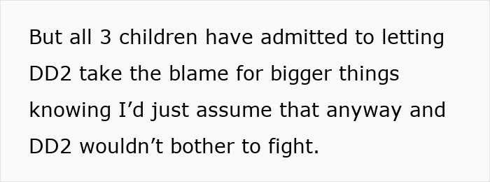 Text showing a mother of four expressing regret about using her daughter as a family scapegoat years later. Text showing a mother of four expressing regret about using her daughter as a family scapegoat years later.