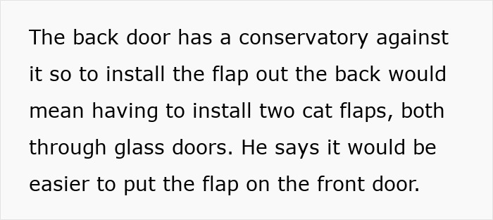 Man insists on installing a cat flap on front door while wife suspects it’s actually for his pet fox.