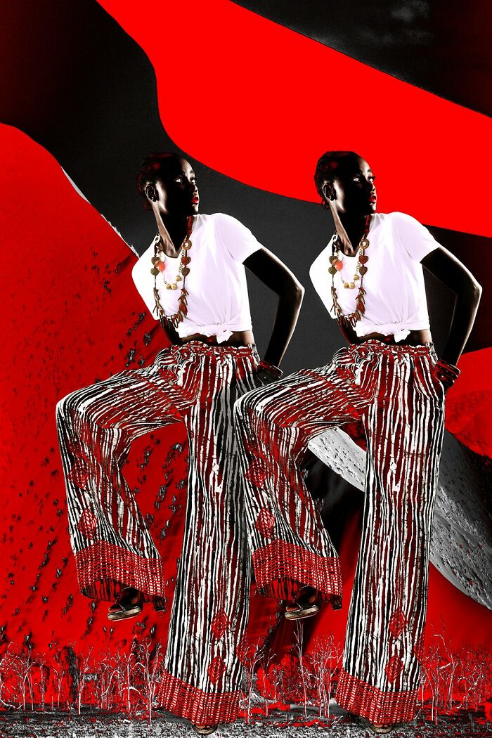 Four models wearing bright green and red high-fashion outfits in an artistic photo from the 2025 photographer award-winning contest.