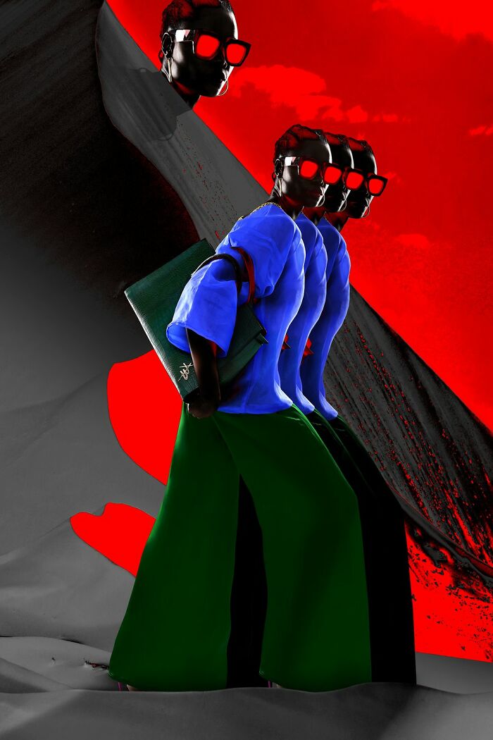 Four models wearing bright green and red high-fashion outfits in an artistic photo from the 2025 photographer award-winning contest.