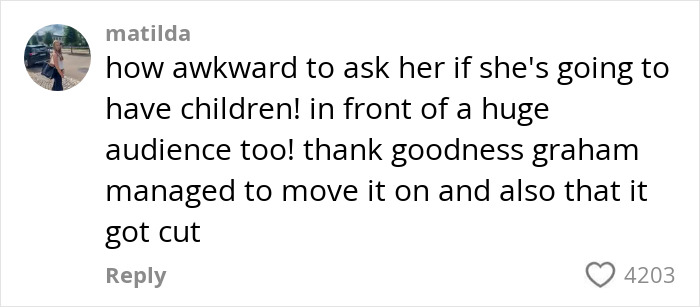 Comment highlighting Graham Norton cutting off Jodie Turner-Smith’s insensitive question to Taylor Swift during a live audience show. Comment highlighting Graham Norton cutting off Jodie Turner-Smith’s insensitive question to Taylor Swift during a live audience show.