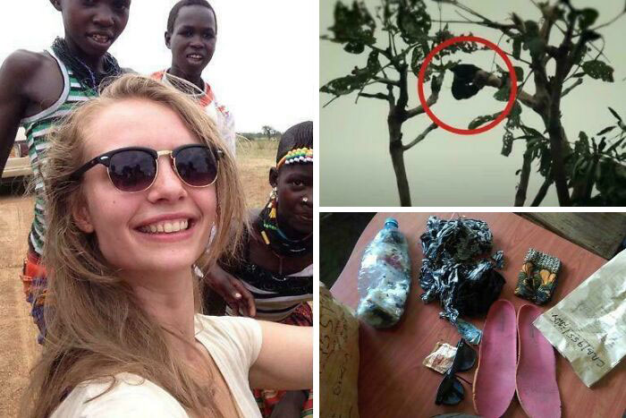 Young woman smiling with locals, rare bird circled in tree, and mysterious objects on a table, still remains undiscovered today