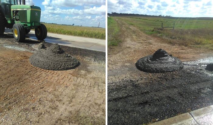 Two piles of wet concrete dumped unevenly on a rural dirt road, showing a lack of sensible adult acting.