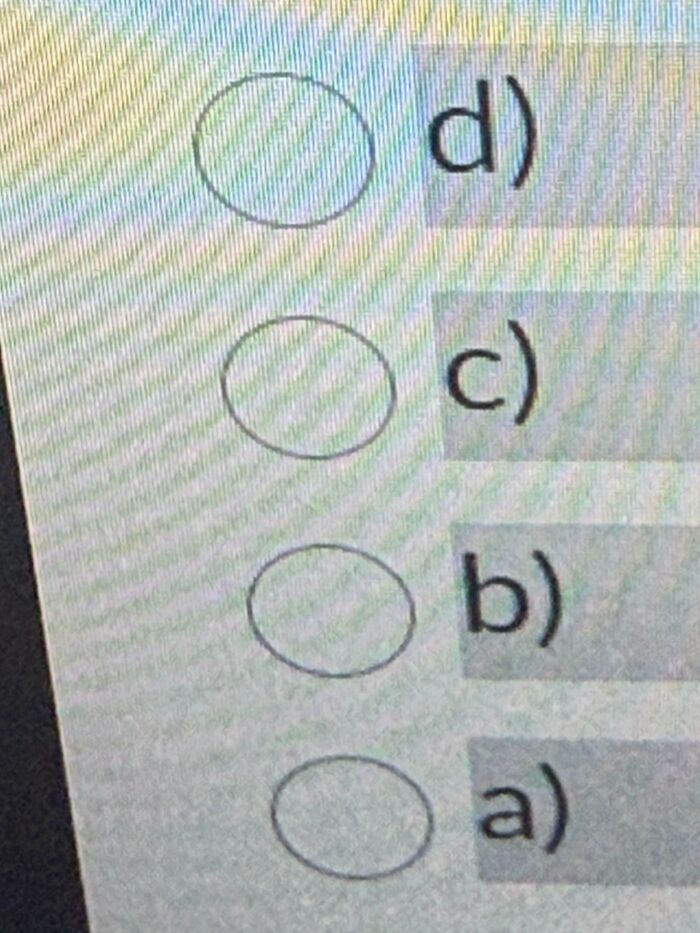Multiple-choice question options displayed on a digital screen, illustrating people allergic to acting like sensible adults.