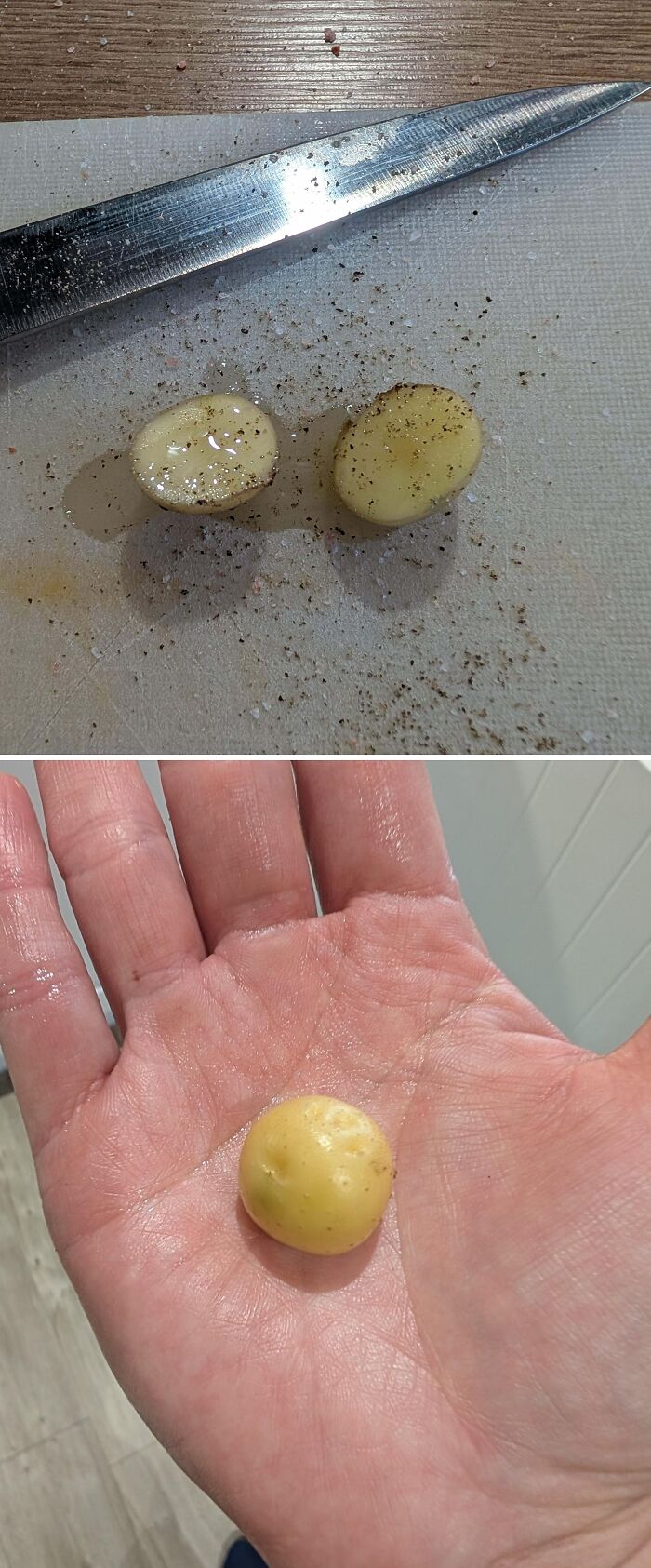 Small potato on a hand and a halved miniature potato on a cutting board showing nature's garden joke.