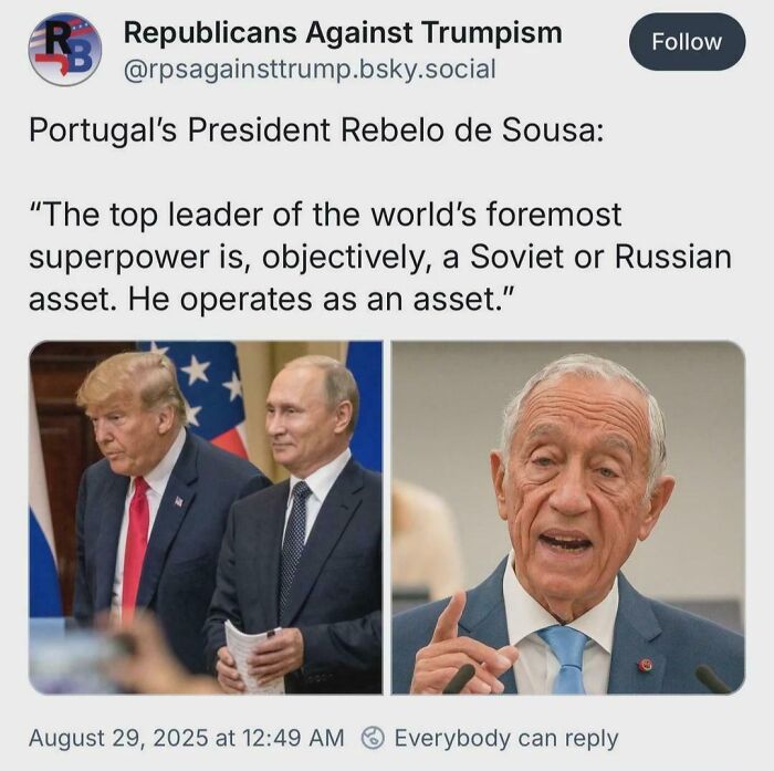 Tweet by Republicans Against Trumpism quoting Portugal’s President Rebelo de Sousa on world leaders with images of Donald Trump, Vladimir Putin, and Rebelo de Sousa, chaotic good concept.