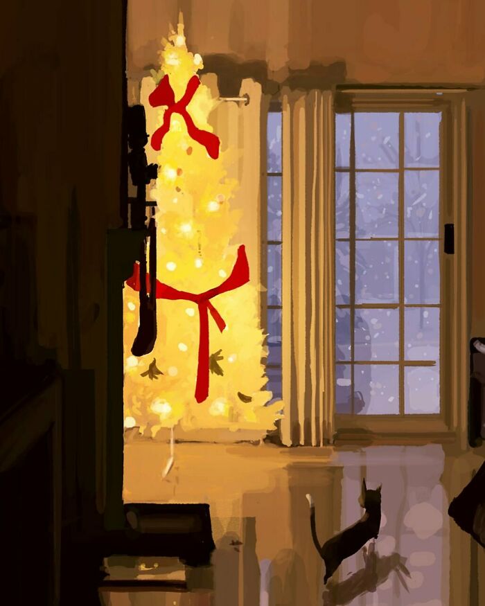 Digital painting of an everyday scene transformed into something extraordinary featuring a glowing Christmas tree and a cat indoors.