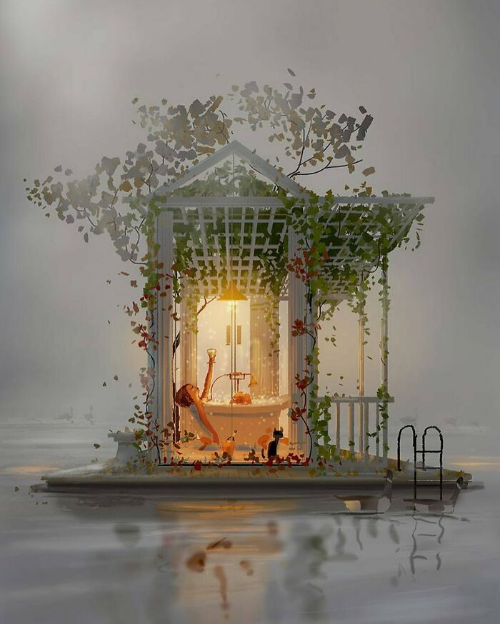 Illustration of an artist transforming the everyday scene of a woman relaxing in a vine-covered glass house by water.