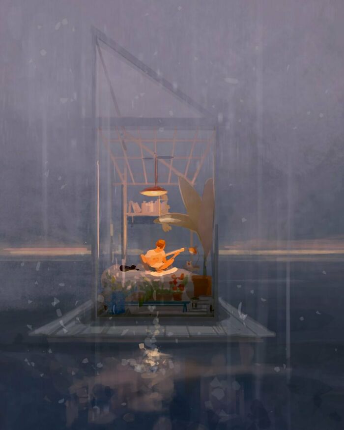 Artist transforms the everyday with a serene digital painting of a person playing guitar in a glowing room at night.