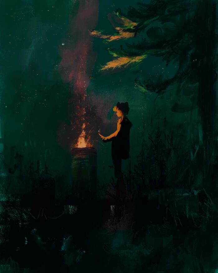 Artistic illustration of a person standing by a glowing fire in a dark forest, transforming the everyday into extraordinary.