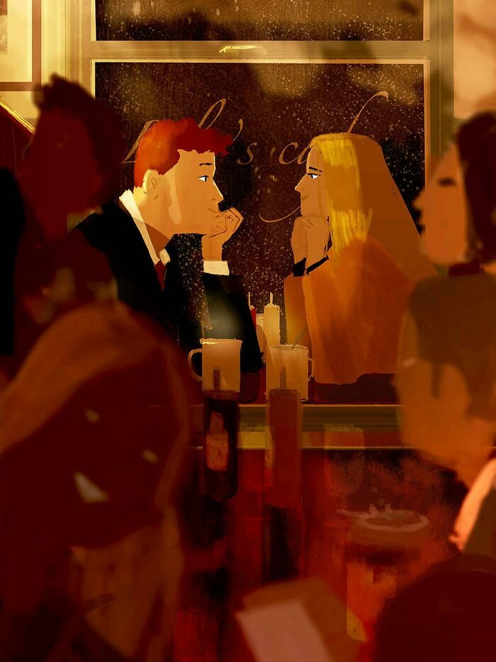 Couple sharing a quiet moment in a dimly lit café, showcasing everyday scenes transformed into something extraordinary.