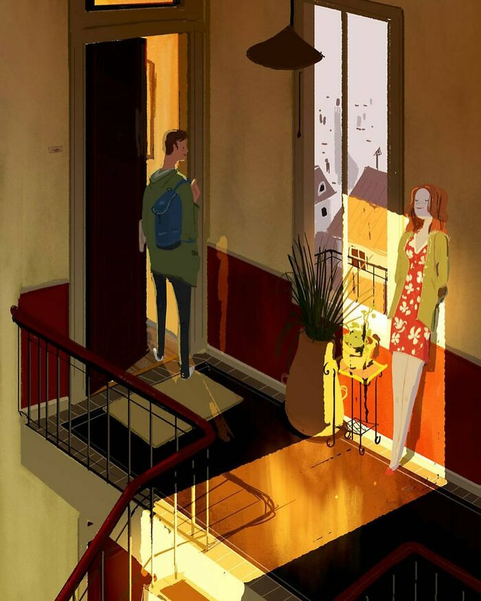Illustration showing an artist transforming the everyday scene of two people in a sunlit stairwell into something quietly extraordinary.
