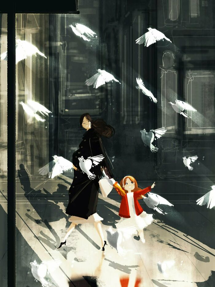 A digital painting showing an artist transforming the everyday scene of a woman and child surrounded by white birds flying.