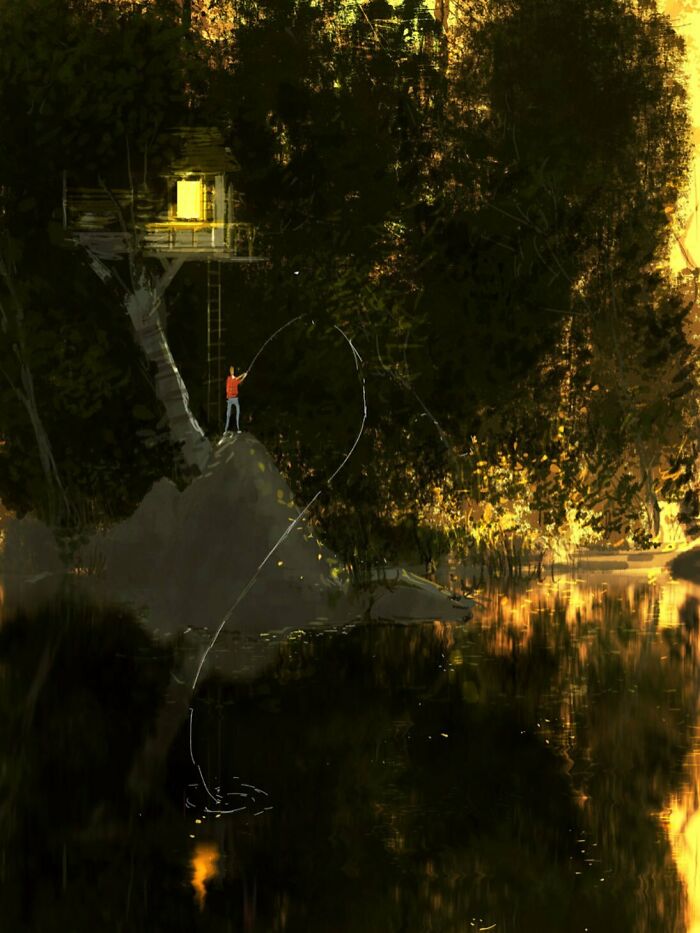 A digital painting of a person fishing by a river at sunset near a treehouse, transforming the everyday into quietly extraordinary art.