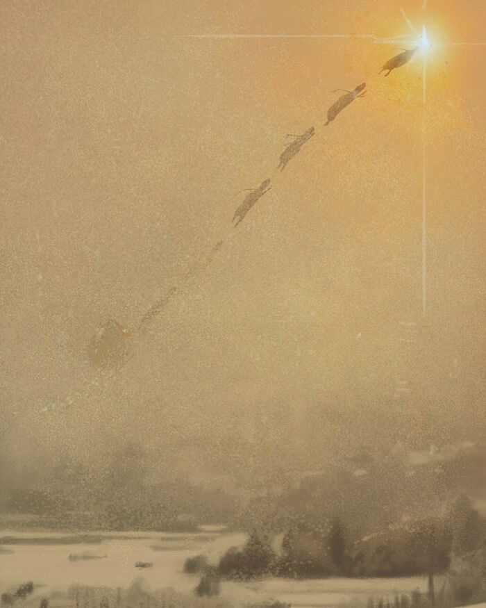 Surreal art showing transformation of everyday scene with figures flying toward glowing light in a hazy atmosphere.