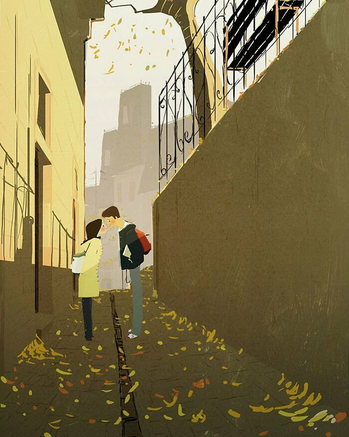 Illustration of a young couple in a narrow alley with autumn leaves, transforming the everyday into something quietly extraordinary.